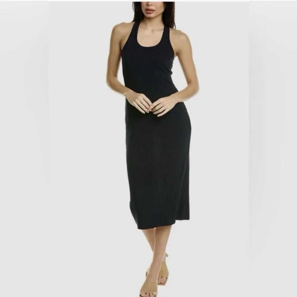 Vince Black Wide-Rib Racerback Midi Tank Dress. Stretch Knit Minimalist. Sz XS
